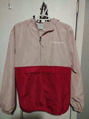 Champion Two-Tone Hooded Windbreaker Jacket - Blush Pink & Dark Pink.